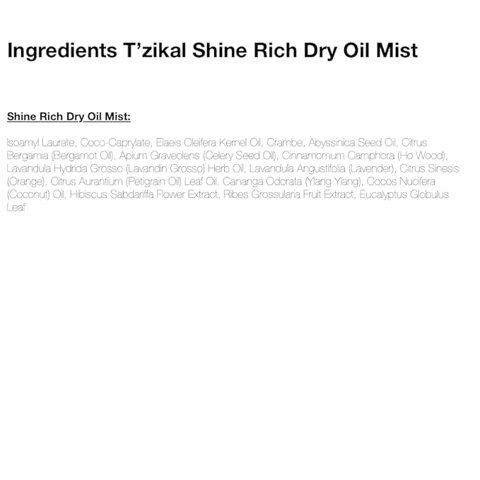 T'zikal Shine Rich Dry Oil Mist - Lightweight, Hair Shine Spray and Finishing Oil - Color Safe, Sulfate Free and Paraben Free - Best Used for Dry Damaged and Frizzy Strands