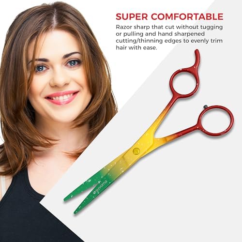 Suvorna 6.5" Hair Scissors Professional - Barber Shears for Hair Cutting - Sharp Hair Cutting Scissors to Cut Hair for Trimming and Grooming - Hair Shears for Women and Men (Red Yellow & Green)