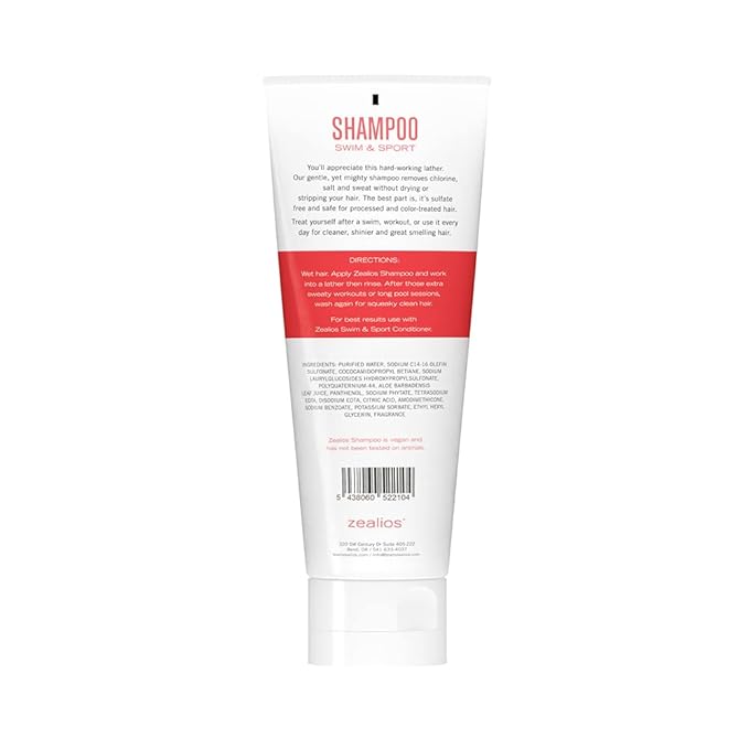 Zealios Swim & Sport Clarifying Shampoo, 8 oz Squeeze Tube for Extremely Damaged Hair, Pool Hair Repair & Protector - Sulfate-Free, Moisturizing Chlorine & Salt Removal, Color-Safe, Citrus Scent