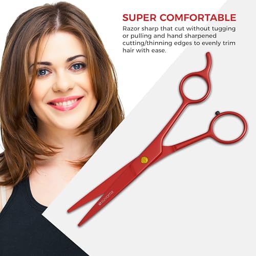 Suvorna 6.5" Hair Scissors Professional - Barber Shears for Hair Cutting - Sharp Hair Cutting Scissors to Cut Hair for Trimming and Grooming - Hair Shears for Women, Men and Adults (RED)