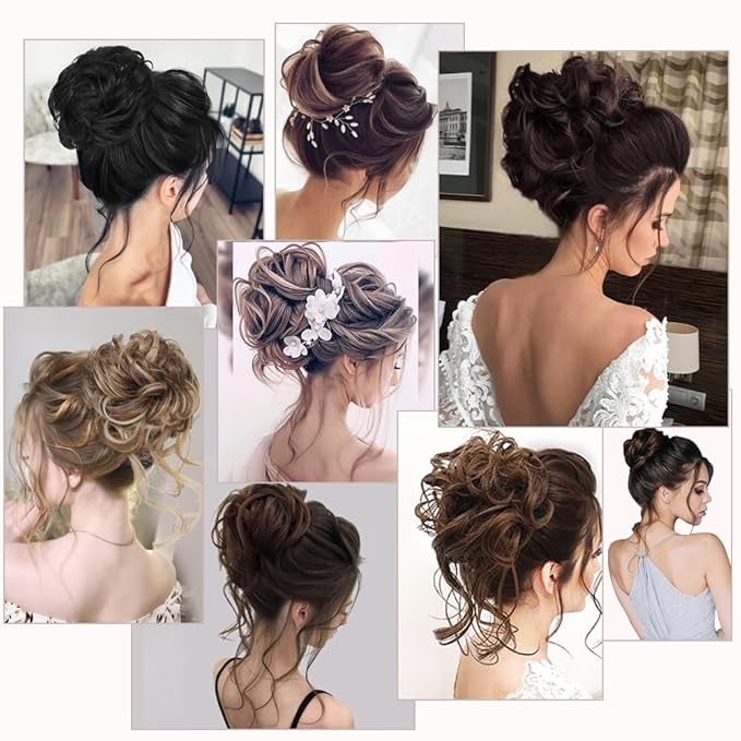 2 pcs Messy Bun Hair Piece Wavy Curly Hair Bun Scrunchies for Women Bun Hair Piece with Elastic Band Scrunchies Stretchy Fluffy Chignon Ponytail Hairpieces Updo for Women #12H24 Brown Mix Ash Blonde