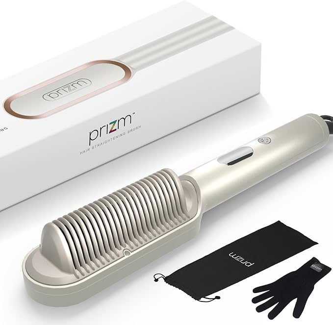 Prizm Hair Straightener Brush, 20s Fast Heating, Negative Ions Hair Straightening Comb with Less Frizz, 4 Temp Settings & LED Display, Anti-Scald Design for Home Salon, Dual Voltage, Champagne Silver
