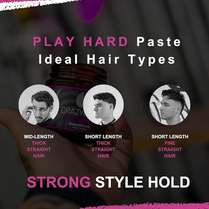 Crazy Bull Hair Play Hard Strong Matte Paste - Volumizing Hair Products - Cruelty-Free Styling Cream with Melon Scent - No Flake Hair Paste - 3.38 oz