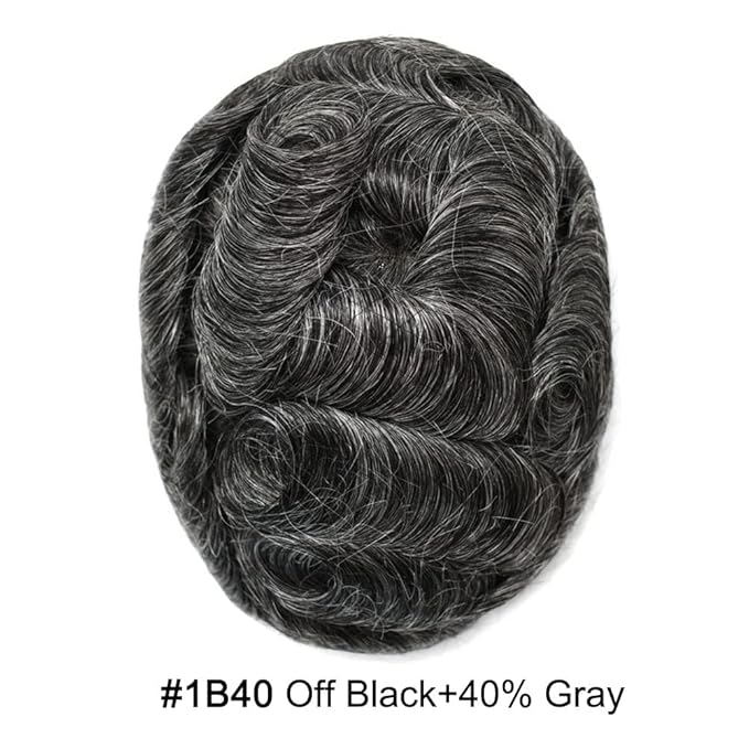 Mens Toupee Human Hair System for Men Durable Fine Mono Lace Men Replacement PU Poly Skin Around Light to Medium Density Wig Hairpiece (6"X9", 1B40 Off Black with 40% gray hair)