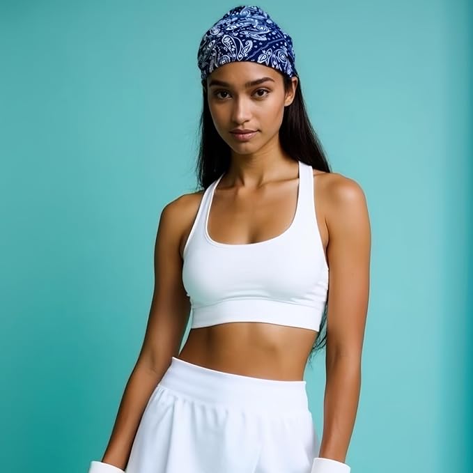 1 Pack Boho Headbands Stretch Paisley Print Bandana Headband Criss Cross Hair Bands Knotted Head Wrap Yoga Daily for Women and Girls (Navy Dark)