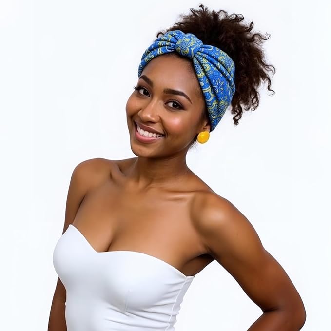 1 Pack Boho Headbands Stretch Paisley Print Bandana Headband Criss Cross Hair Bands Knotted Head Wrap Yoga Daily for Women and Girls (Baby Blue Dainty)