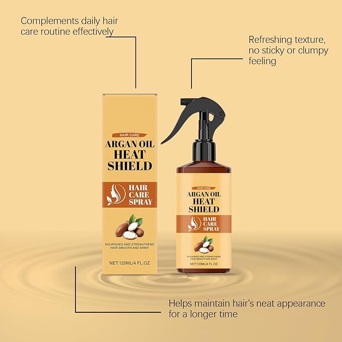 Argan Oil Heat Protectant Spray for Hair - Thermal Shield with Moroccan Argan Oil to Nourish & Hydrate, Helps Smooth Dry, Brittle Hair & Reduce Breakage for Silky Shine, for All Hair Types(120ml)