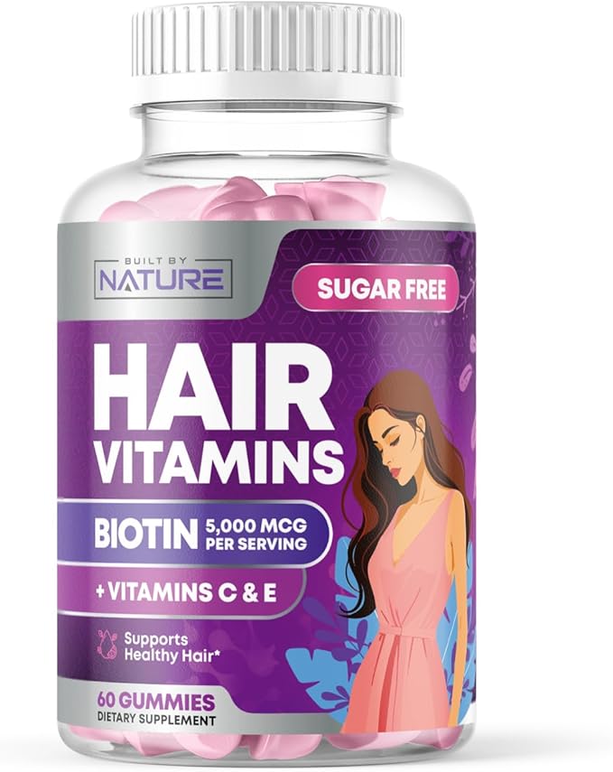 Built by Nature Hair Vitamins - Sugar Free Hair Gummies - Faster Hair Growth for Women with Hair Loss or Thinning - Hair Skin and Nail Gummy Supplement with Biotin – Non-GMO, Vegan - 60 Gummies