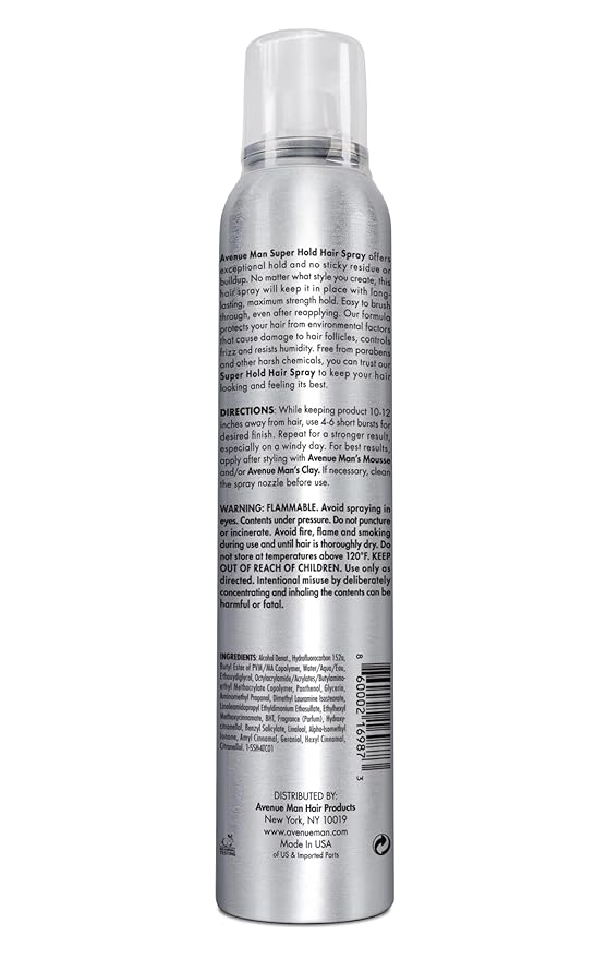 Avenue Man Super Hold Hairspray for Men - Fast-Drying Men Hair Spray - Shapes, Lifts & Holds Hair for Long-Lasting Control - Mens Hair Spray Extra Hold for Effortless All-Day Control - 10 oz