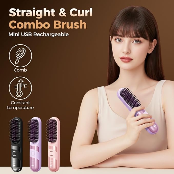 Cordless Hair Straightener Brush, 2026 Updated Mini Portable Hair Straightener for Travel, Fast Heating Straightening Brush, USB Ceramic Electric Hair Comb for Women Straightening and CurlingBlack