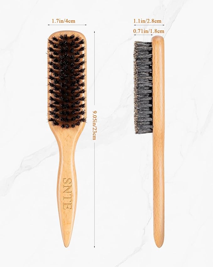 Boar Bristle Slick Back Hair Brush - Smooths Flyaways, Tames Frizz, Styles Edges, Sleeks Ponytails, Buns - Teasing Smoothing Brush for Women & Men Fine/Medium Hair, Styling Accessories for Girls, Kids