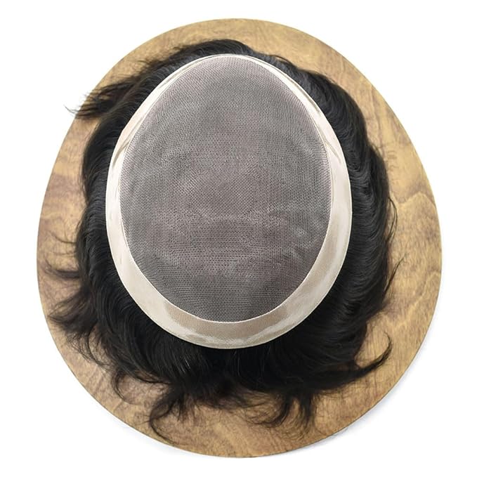Mens Toupee Human Hair System for Men Durable Fine Mono Lace Men Replacement PU Poly Skin Around Light to Medium Density Wig Hairpiece (6"X8", 1B50 Off Black with 50% gray hair)