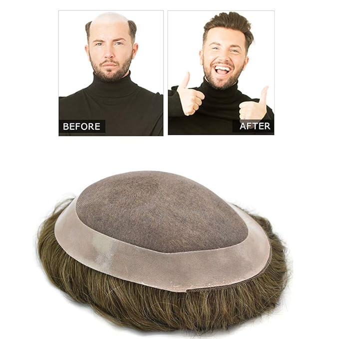Mens Toupee Human Hair System Durable Fine Mono Lace Men Replacement PU Poly Skin Around Light to Medium Density Wig Hairpiece (8"X10", 2 Darkest Brown)