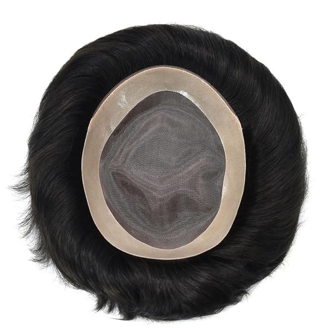 Mens Toupee Human Hair System for Men Durable Fine Mono Lace Men Replacement PU Poly Skin Around Light to Medium Density Wig Hairpiece (6"X8", 1B40 Off Black with 40% gray hair)