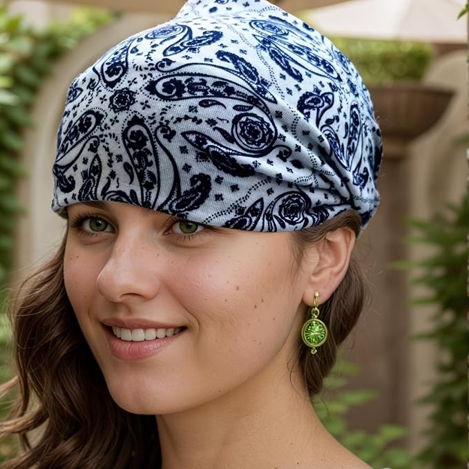 1 Pack Boho Headbands Stretch Paisley Print Bandana Headband Criss Cross Hair Bands Knotted Head Wrap Yoga Daily for Women and Girls (White Patterned)
