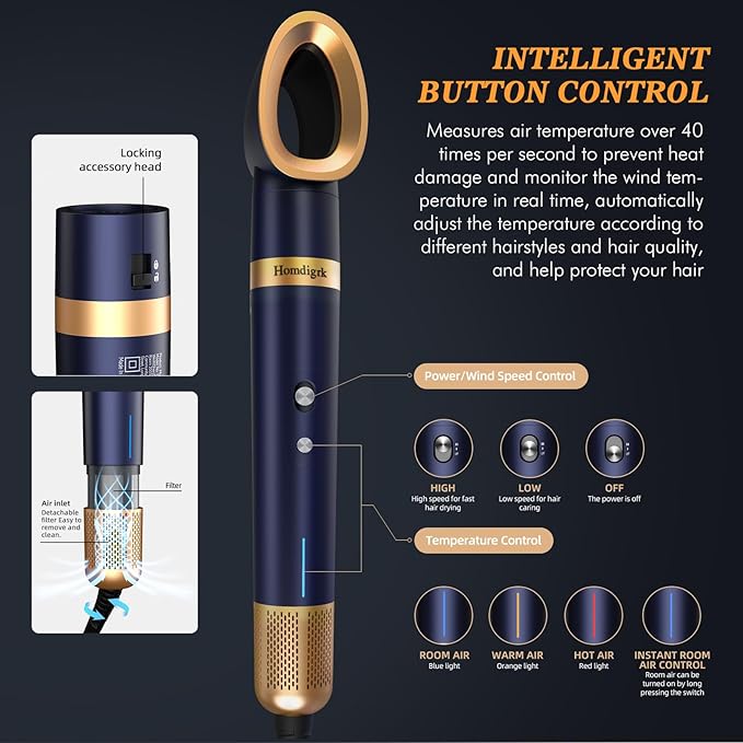 6-in-1 Hair Dryer Brush & Curling Iron Set, Hot Air Styler Hair Curler for Fast Drying, Smoothing & Volumizing, No Heat Damage, Professional Blowout Tool with Travel Case - Prussian Blue