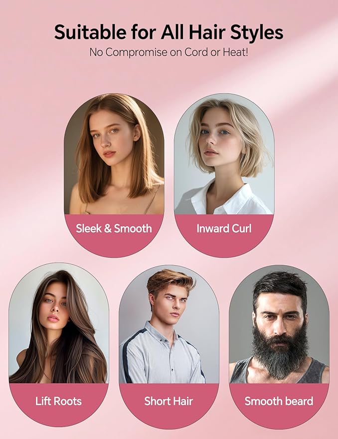 LANDOT Mini Hair Straightening Brush - Compact Heated Ionic Straightener Brush for Frizz-Free, Smooth Results, Lightweight Hot Comb & Travel Flat Iron Perfect for Short Medium Hair, Blush