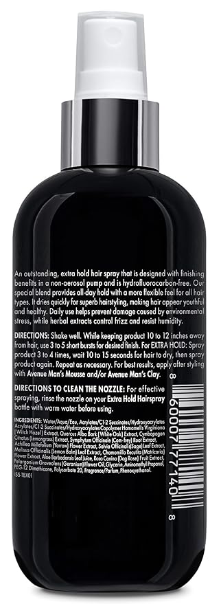 Avenue Man Hair Spray for Men - Premium Mens Hairspray Extra Hold - Frizz Control, Humidity Resistant & Paraben-Free Extra Strong Hold Hairspray for Men - Non-Aerosol Formula - All Hair Types (8.5 oz)