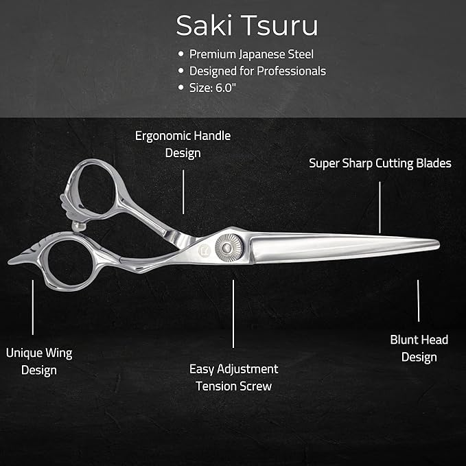 Saki Shears Tsuru Hair Cutting Scissors - Polished Japanese Steel- 6" Hair Shears for Barbers and Hair Stylists - Thumb Screw for Easy Tension Adjustment