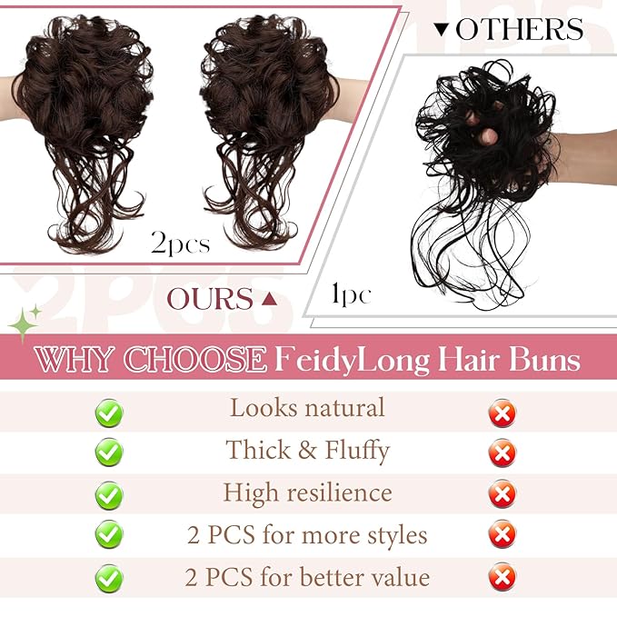2PCS Messy Bun Hair Piece Tousled Updo with Tendrils Wavy Curly Hair Bun Scrunchies Ponytail Extension Elastic Band Hairpieces For Women (Medium Brown)