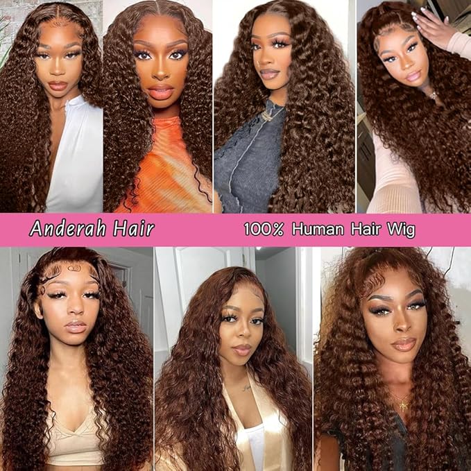 Anderah Chocolate Brown Deep Wave Lace Front Wigs Human Hair 200 Density 13x6 HD Lace Frontal Wigs Curly Human Hair Wig For Women Pre Plucked with Natural Hairline 4# Brown Color (34inch)