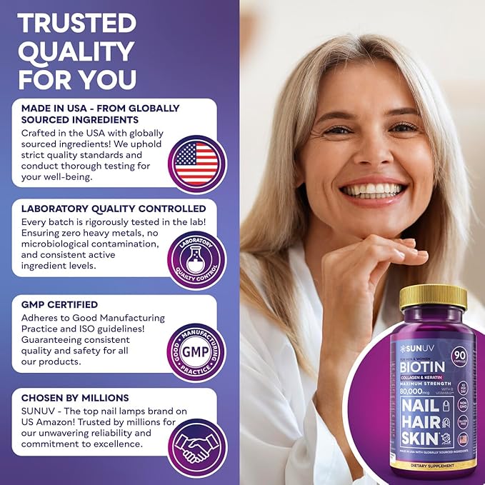 SUNUV Biotin 10,000mcg | Collagen | Keratin - 80,000mcg Hair Growth Vitamins for Women & Men,Skin & Nails Support - Hyaluronic Acid & Vitamins B1,B2,B3,B5,B6,B9,B12 -Made in USA-90 Capsules