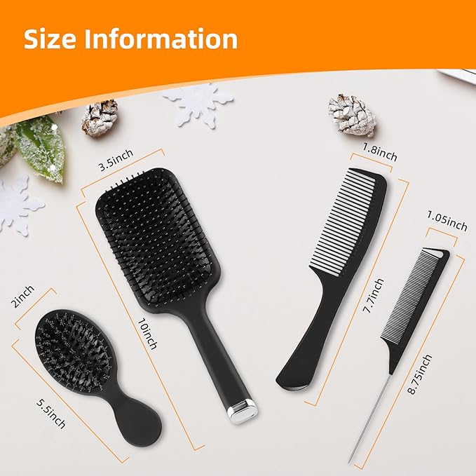 Hair Brush and Comb Set, 4Pcs Paddle Hairbrush Set for Women Men, Mini Travel Boar Bristle Detangling Rattail Fine Tooth Styling Combs for Curly, Thick, Thin, Wig, Long, Short