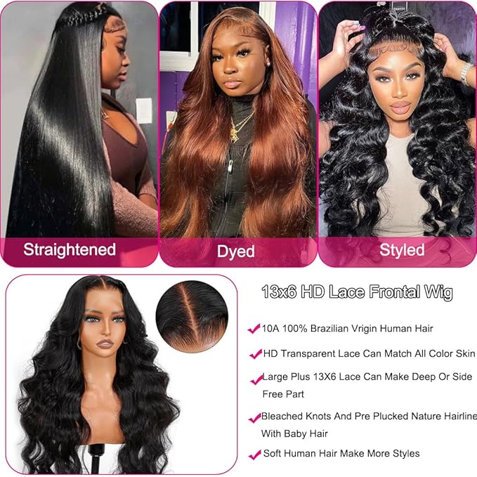 13x6 Lace Front Wigs Human Hair Brazilian Glueless Wigs Human Hair Pre Plucked with Baby Hair Body Wave Lace Front Wigs for Black Women 200 Density HD Lace Frontal Wigs with Elastic Band 22 Inch