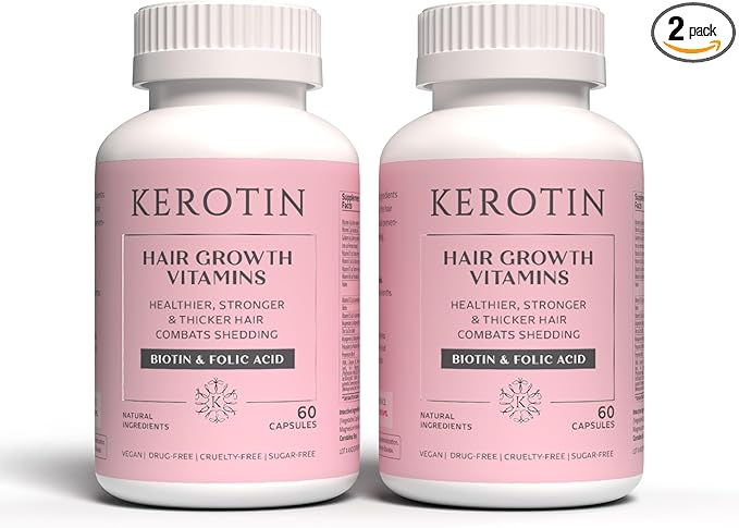 Kerotin Hair Growth Vitamins, Biotin Supplement, DHT Blocker, Collagen Stimulator, for Hair Loss Support, Nail & Skin Care, Includes Saw Palmetto, Vitamin D3 & More - 120 Pills (2 Months Supply)