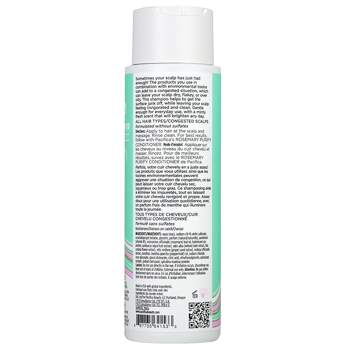 Pacifica Clarifying Shampoo – Rosemary Purify Invigorating Shampoo w/Soothing Mint for Detoxing Hair & Scalp Build-Up, Sulfate & Silicone Free - Vegan & Cruelty-Free Dermatologist Tested