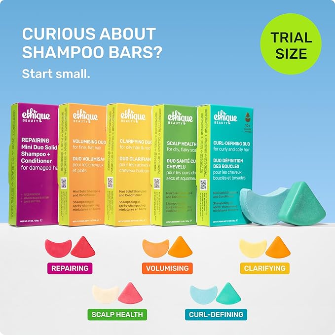 Ethique Beauty Mini Sampler Solid Shampoo & Conditioner Bar Set - Clarifying Shampoo for oily hair with Castor Oil