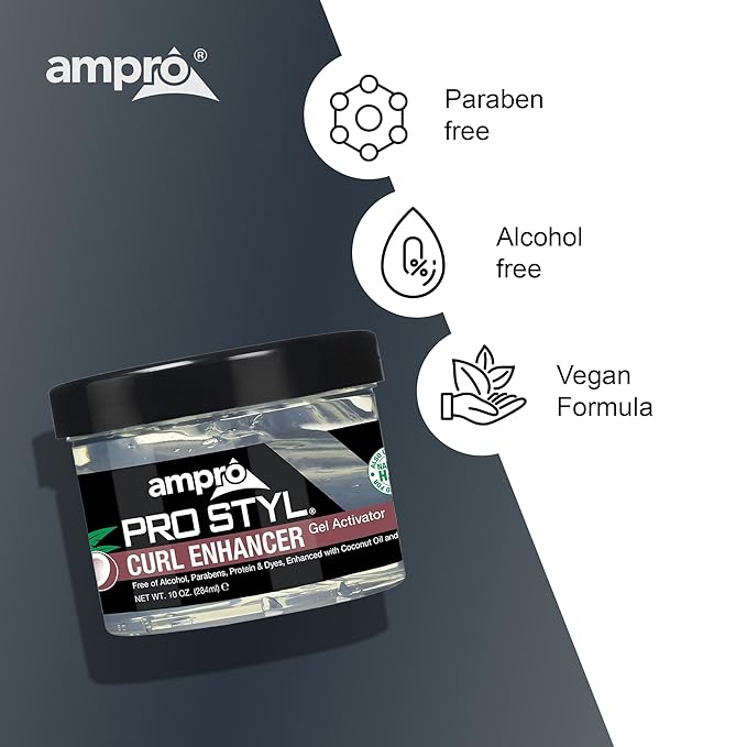 AmPro Pro Styl Curl Enhancer - Gel Activator with Coconut Oil to Moisturize and Define Coils and Waves - Helps Protect and Hydrate Hair Shaft - Tames and Adds Shine to Tresses - Regular - 10 oz