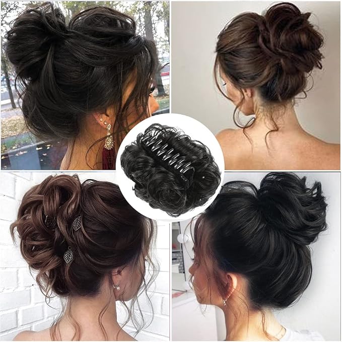 Women's Black Synthetic Wavy Curly Bun Clip-in Claw Hairpieces, 10-Inch