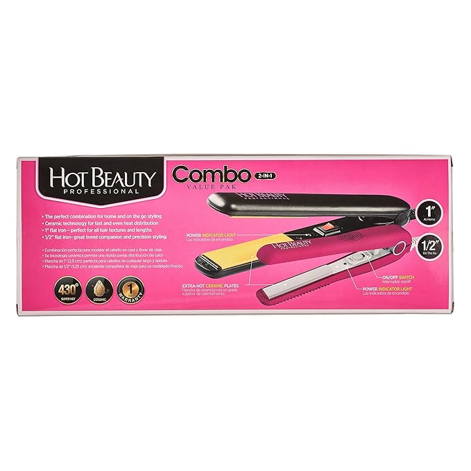 Ceramic Flat Irons 2-in-1 Value Pack 1" and Mini 1/2" with Free Travel Pouch, 2pcs Combs, Detangling Brush, 36pcs Elastic Band Set