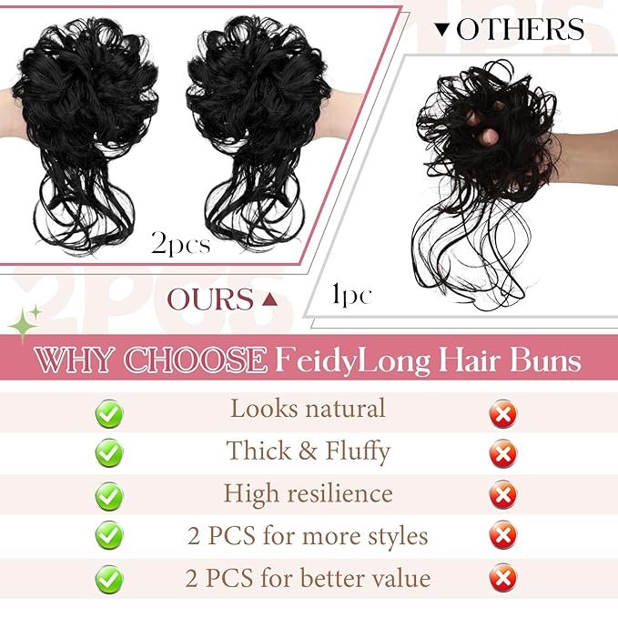 2PCS Messy Bun Hair Piece Tousled Updo with Tendrils Wavy Curly Hair Bun Scrunchies Ponytail Extension Elastic Band Hairpieces For Women (Dark Black)