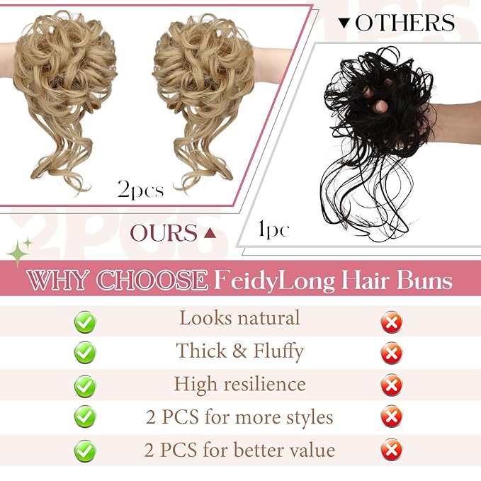 2PCS Messy Bun Hair Piece Tousled Updo with Tendrils Wavy Curly Hair Bun Scrunchies Ponytail Extension Elastic Band Hairpieces For Women (Ash Blonde)