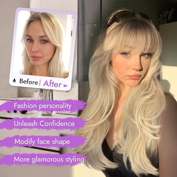 Long Blonde Wig with Bangs for Women- Dark Root to Blonde,4x4 Realistic Scalp,Free Parting,Layered Hairstyle Synthetic Heat Resistant for Daily Party Use 26 inch