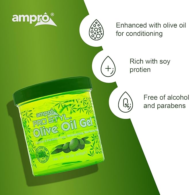 AmPro Pro Styl Protein Styling Gel - Moisturizes and Defines Strands - Helps Protect and Hydrate, Tames and Adds Shine without Weighing Down Tresses - Alcohol and Paraben Free - Olive - 15 oz