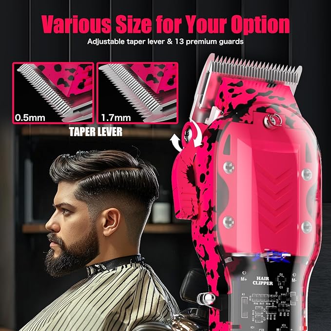Professional Hair Clippers for Men, Cordless Barber kit for Hair Cutting & Grooming, Pink Hair Clippers and Trimmer Set for Barber Haircut with LED Display, 8 Fade Taper Combs