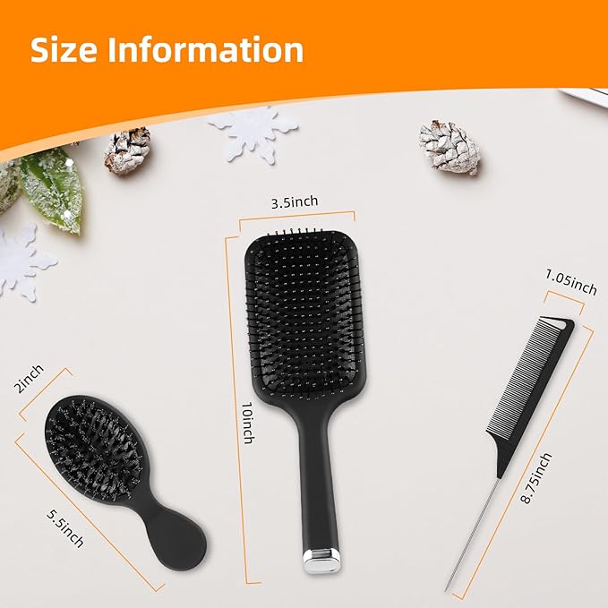 Hair Brush and Comb Set, 3Pcs Paddle Hairbrush Set for Women Men, Mini Travel Boar Bristle Detangling Rattail Fine Styling Combs for Curly, Thick, Thin, Wig