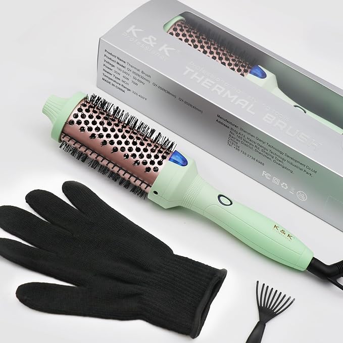 K&K Pro Thermal Brush Creates Blowout Look, 1 3/4 Inch Ionic Heated Round Comb Makes Hair Smoother, Dual Voltage, Thermal Round Brush Effortlessly Achieves Gorgeous Curls, 30S Fast Heating