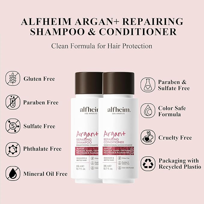Alfheim Argan Repairing Shampoo & Conditioner Set | Sulfate-Free&Paraben-Free | Argan Oil, Keratin & Niacinamide for Dry, Damaged, Color-Treated Hair | Hydrating, Strengthening & Anti-Frizz|10.7oz*2