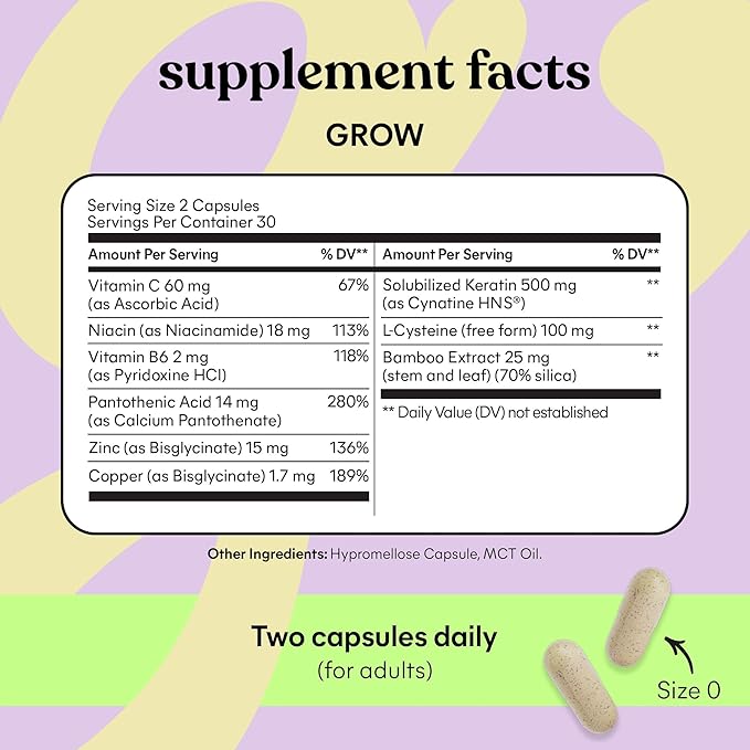 Lemme Grow Hair Growth Supplement for Women, Clinically Proven Keratin Complex for Visibly Thicker Hair and Scalp Coverage, Reduced Shedding, Nourish Thinning Hair - 1 Month Supply