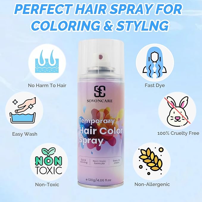 Blue Temporary Hair Color Spray, SOVONCARE Natural Hair Wax Dye Spray for Kids Halloween, Christmas Party, Cosplay -On 1-Day Washable 120ML