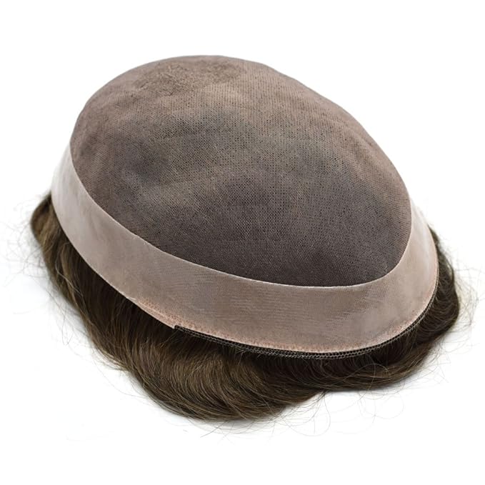 Mens Toupee Human Hair System Durable Fine Mono Lace Men Replacement PU Poly Skin Around Light to Medium Density Wig Hairpiece (7"X10", 1 Jet Black)