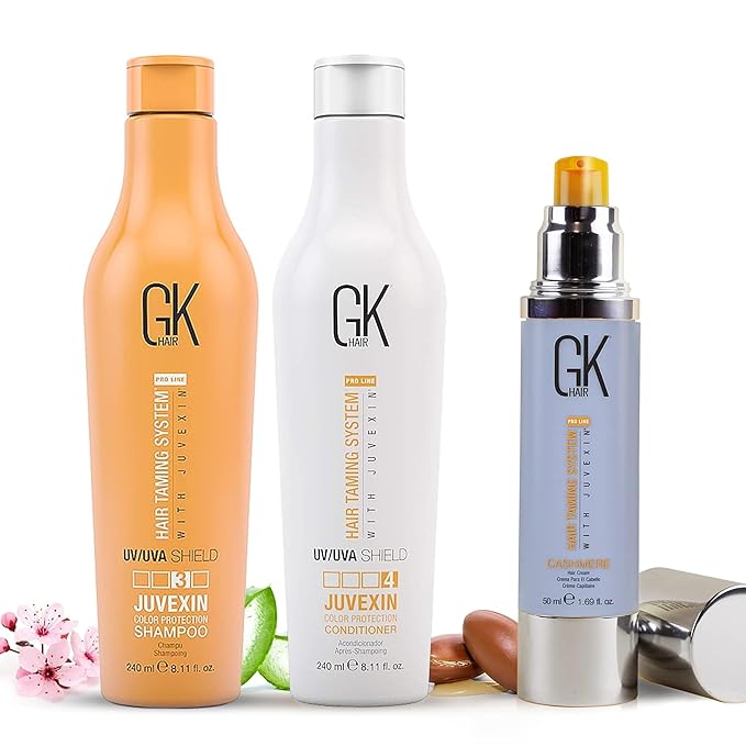 GK HAIR Shield Shampoo and Conditioner 240ml with Leave-In Cashmere Cream 50ml for Color-Treated Hair, Moisturizing Protection, UV Defense, Anti-Frizz Control, and Hydration