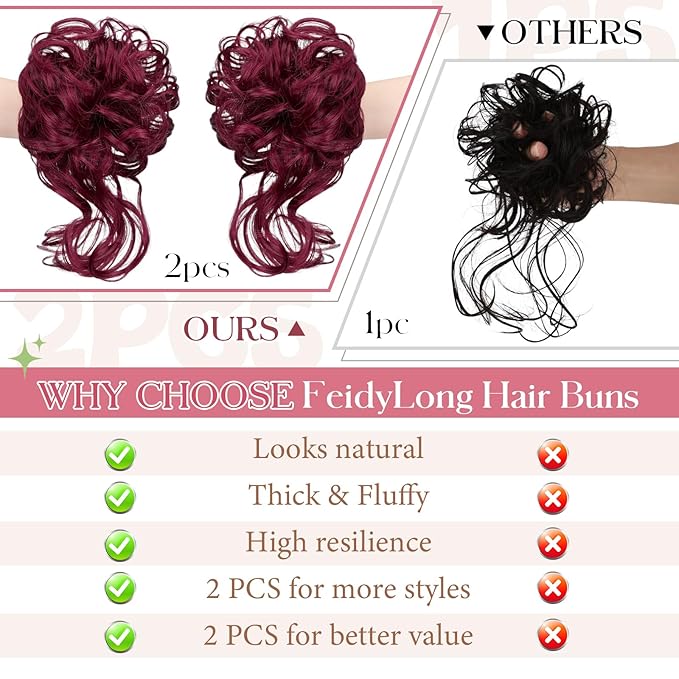 2PCS Messy Bun Hair Piece Tousled Updo with Tendrils Wavy Curly Hair Bun Scrunchies Ponytail Extension Elastic Band Hairpieces For Women (Wine Red)