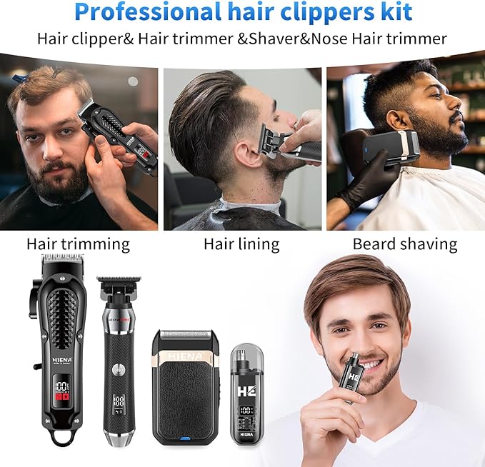 HIENA PRO Professional Cordless Hair Clippers for Men, T-Blade Beard Trimmer & Foil Shaver & Nose Hair Trimmer Set, Rechargeable Electric Barber Hair Cutting Grooming Kit