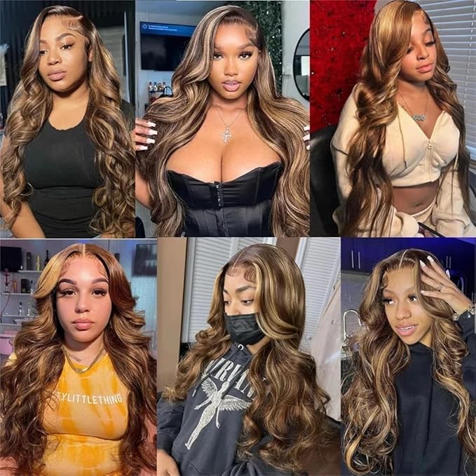 34 Inch Honey Blonde Ombre Lace Front Wig Human Hair Highlight Body Wave Lace Front Wigs Human Hair Pre Plucked 180 Density Glueless 13X4 HD Lace Frontal Wig for Women 4/27 Colored
