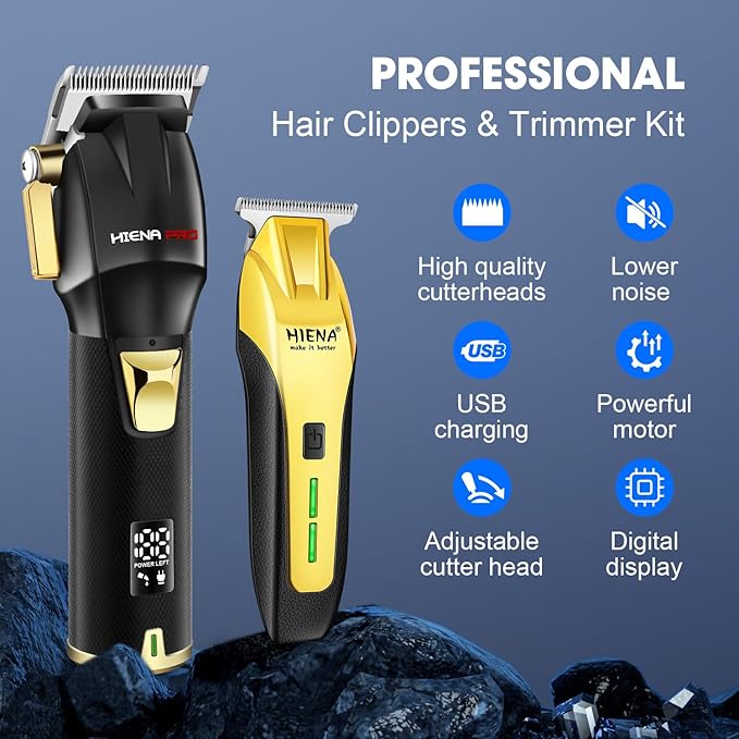 HIENA PRO Professional Barber Kit Hair Clippers Set for Men, Hair Cutting Set, Rechargeable Cordless Clippers and Trimmers Set, Hair Cutting Kit with LED Display, USB Charging, Gifts for Men